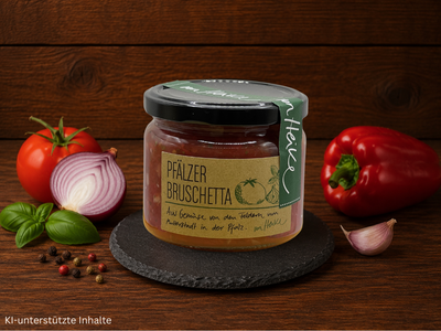 Von Heike Pfälzer Bruschetta im Glas mit Tomaten, Paprika und Zwiebeln auf Schieferplatte vor rustikalem Holzhintergrund