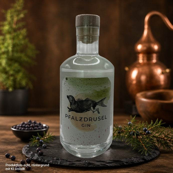Pfalzdrusel Gin 0,2 l in einer hochwertigen Glasflasche mit Holzverschluss, präsentiert auf einer Schieferplatte vor rustikalem Holzhintergrund mit dezenter Gin-Atmosphäre – Premium-Produktfoto für den Onlineshop.