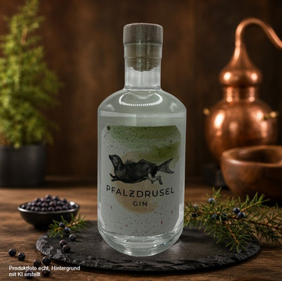 Pfalzdrusel Gin 0,2 l in einer hochwertigen Glasflasche mit Holzverschluss, präsentiert auf einer Schieferplatte vor rustikalem Holzhintergrund mit dezenter Gin-Atmosphäre – Premium-Produktfoto für den Onlineshop.
