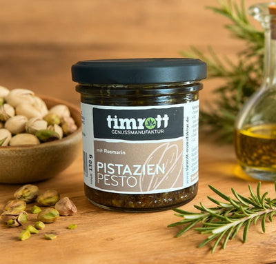 Timrott Pistazien Pesto mit Rosmarin im 130-g-Glas – aromatisches Feinkost-Pesto mit Pistazien für Pasta, Bruschetta, Fleisch und mediterrane Gerichte.