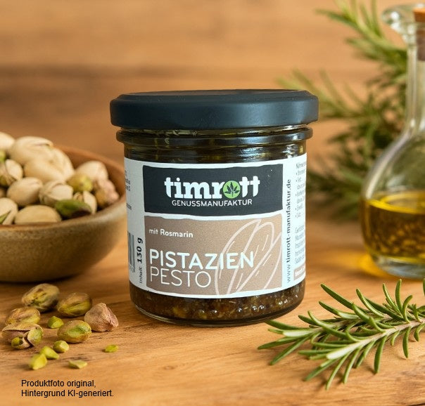 Timrott Pistazien Pesto mit Rosmarin im 130-g-Glas – aromatisches Feinkost-Pesto mit Pistazien für Pasta, Bruschetta, Fleisch und mediterrane Gerichte.