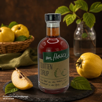 Von Heike Quitten Sirup in einer Glasflasche auf einer Schieferplatte, umgeben von frischen Quitten und Quittenblättern vor rustikalem Holzhintergrund – hochwertiges Produktfoto für den Onlineshop.