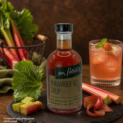 Von Heike Rhabarber Sirup in einer Glasflasche auf einer Schieferplatte mit frischem Rhabarber vor rustikalem Holzhintergrund – hochwertiges Produktfoto für den Onlineshop.