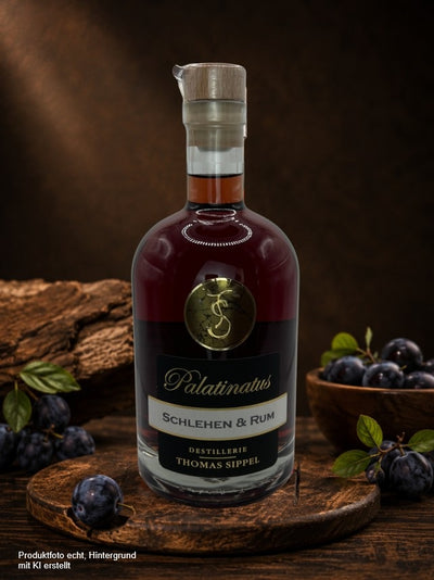 Palatinatus Schlehen & Rum Likör von Destillerie Thomas Sippel – hochwertiger Likör in eleganter Glasflasche, stilvoll präsentiert mit Schlehen auf rustikalem Holz.