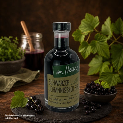 Von Heike Schwarzer Johannisbeer Sirup in einer Glasflasche auf einer Schieferplatte mit frischen schwarzen Johannisbeeren und Johannisbeerblättern vor rustikalem Holzhintergrund – hochwertiges Produktfoto für den Onlineshop.