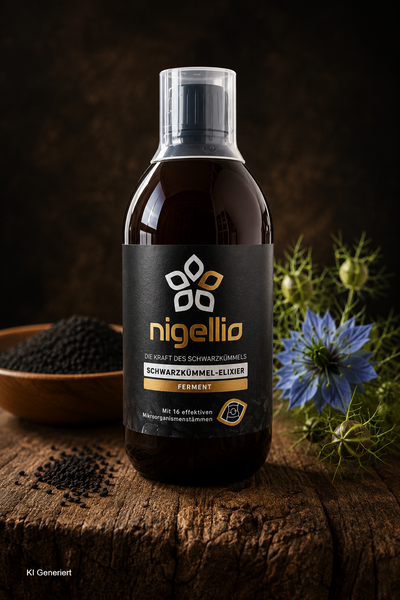 Nigellio Schwarzkümmel-Elixier Ferment der Wasgau Ölmühle – fermentiertes Nahrungsergänzungsmittel mit 16 Mikroorganismenstämmen zur bewussten Unterstützung von Stoffwechsel und Darmflora.
