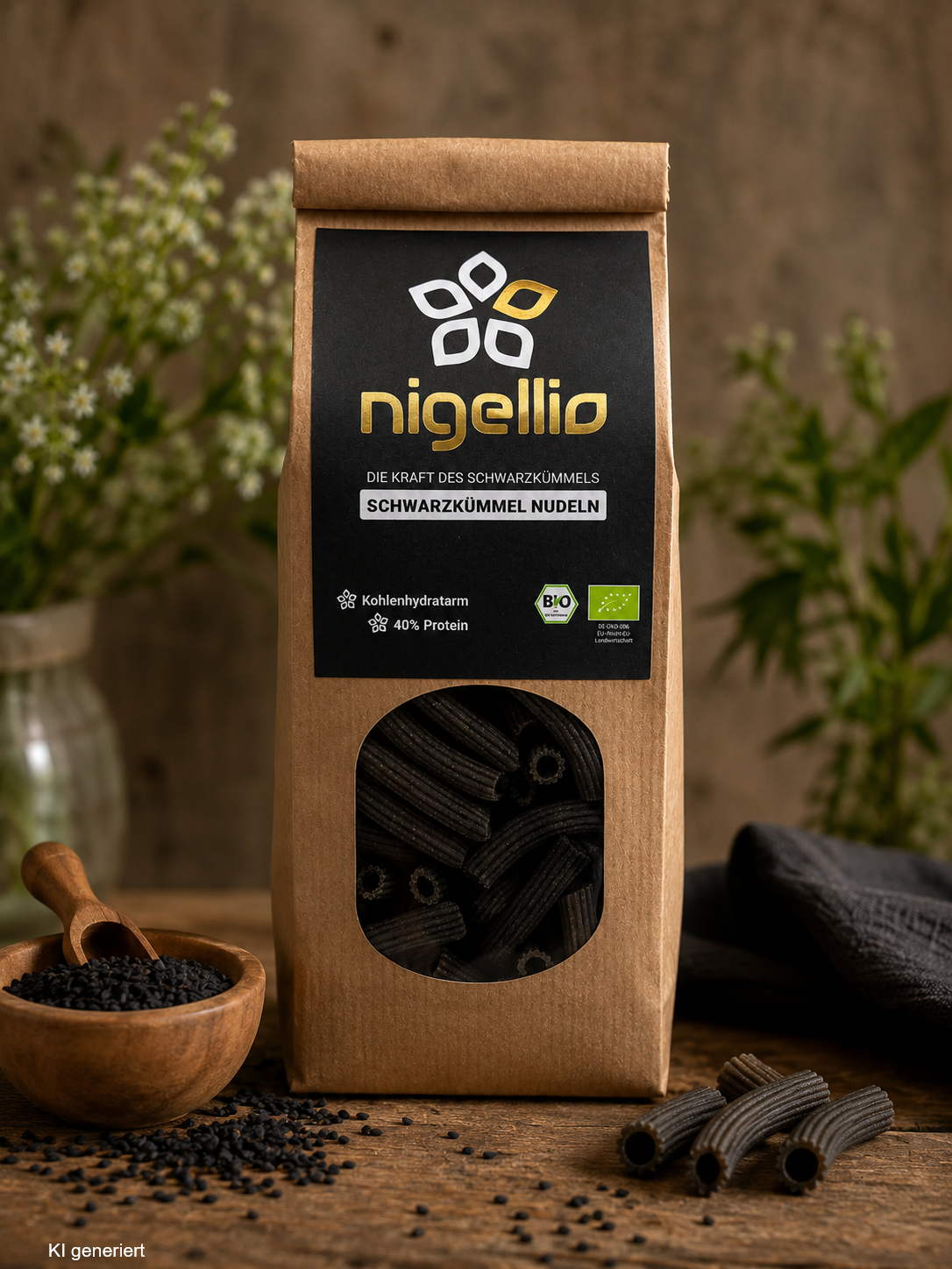 Bio Schwarzkümmelnudeln der Wasgau Ölmühle – proteinreiche Low Carb Nudeln aus Bio-Schwarzkümmel mehl und Goldleinmehl für eine Protein reiche bewusste Ernährung. viele Ballaststoffe und Kohlenhydrate arm 