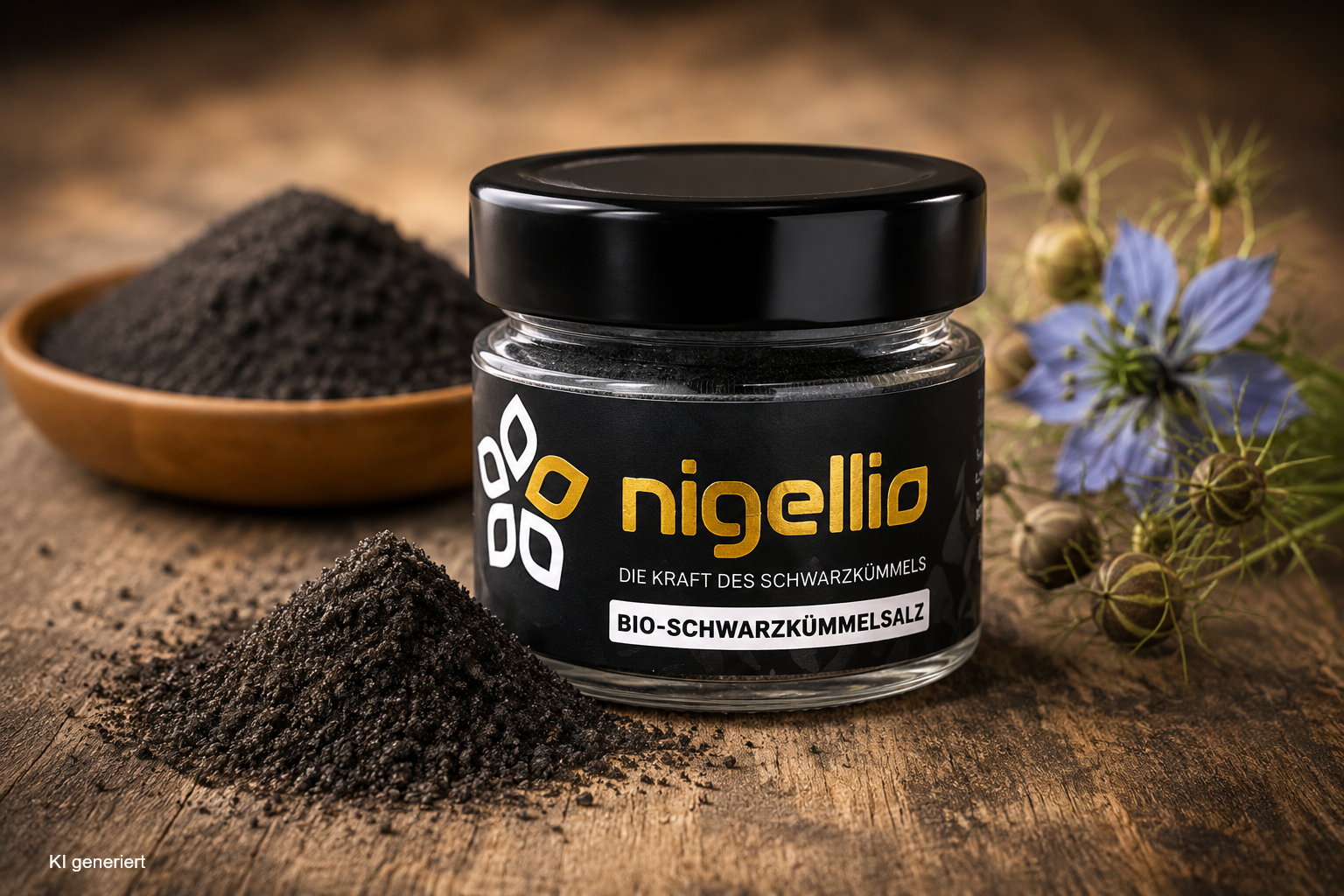 Nigellio Bio-Schwarzkümmelsalz der Wasgau Ölmühle – hochwertige Gewürzmischung aus 50 % Bio-Schwarzkümmel und 50 % Salz für Fleisch, Fisch, Gemüse, Salate und Bowls.
