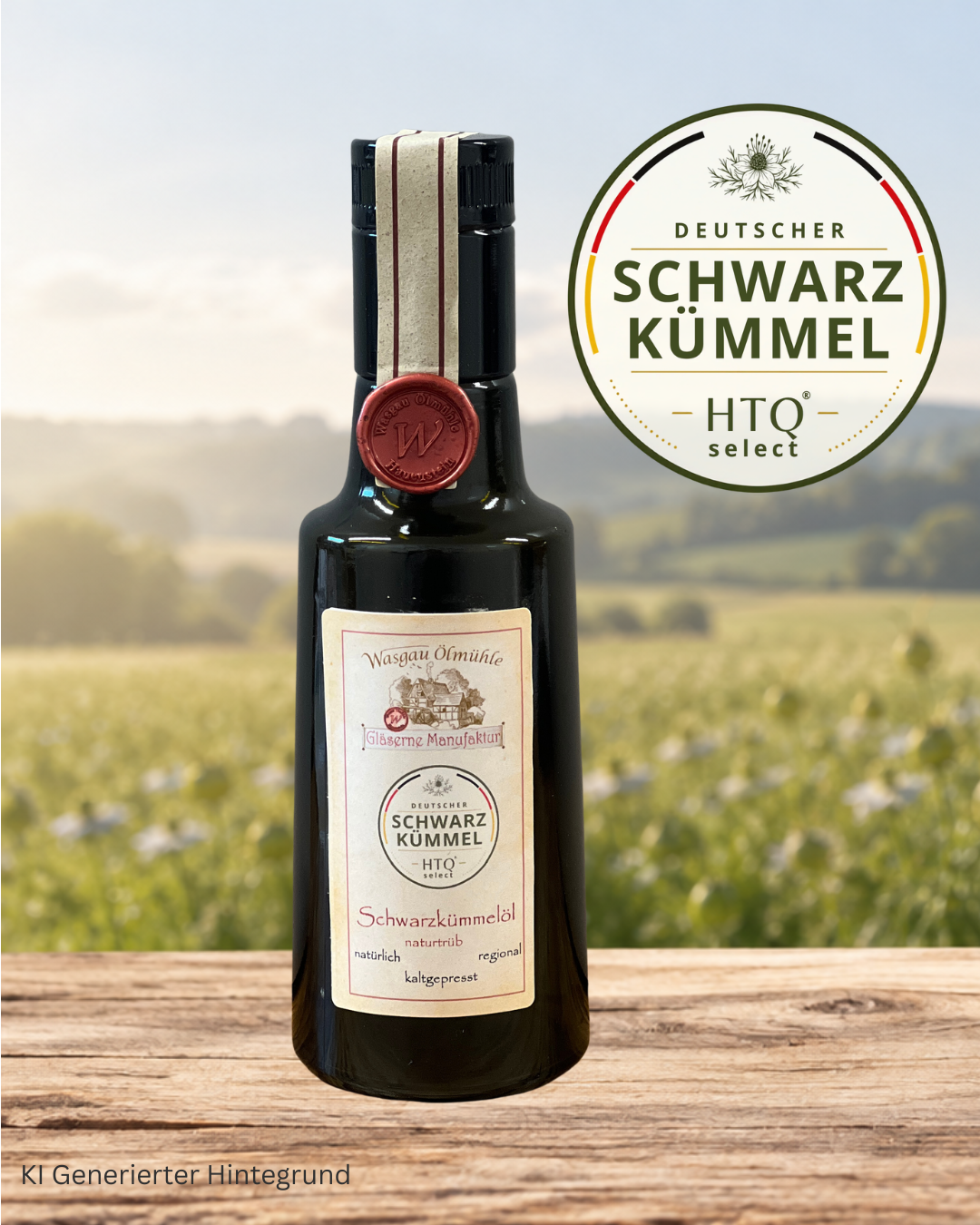 Schwarzkümmelöl aus deutscher Herstellung in dunkler Glasflasche von Wasgau Ölmühle – kaltgepresstes Schwarzkümmelöl vor ländlicher Landschaft.