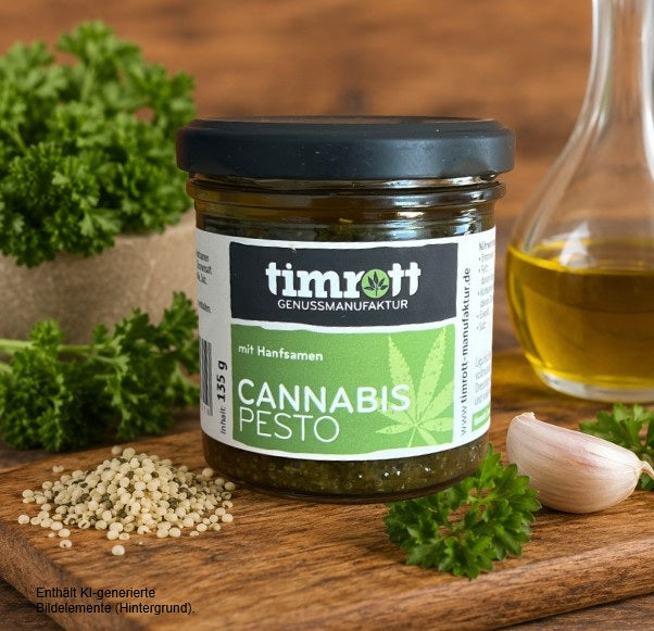 Timrott Cannabis Pesto mit geschälten Hanfsamen im 135-g-Glas – würziges Feinkost-Pesto mit Petersilie, Knoblauch und kaltgepresstem Rapsöl für Pasta, Kartoffeln, Brot und Dips.