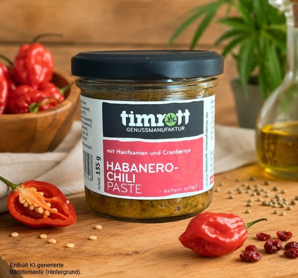 Timrott Habanero-Chili-Paste mit Hanfsamen und Cranberrys im 135-g-Glas – extrem scharfe Feinkost-Chilipaste zum Verfeinern von Grillgerichten, Burgern, Saucen, Dips und Marinaden.