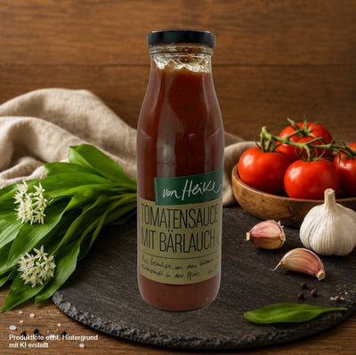 Rustikaler Küchenhintergrund mit dunkler Schieferplatte auf Holztisch, frischem Bärlauch, Tomaten, Knoblauch und Leinentuch vor warmem Holzhintergrund