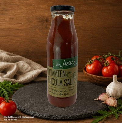 Rustikaler Küchenhintergrund mit dunkler Schieferplatte auf Holztisch, frischen Tomaten, Rucola, Knoblauch und Leinentuch vor warmem Holzhintergrund
