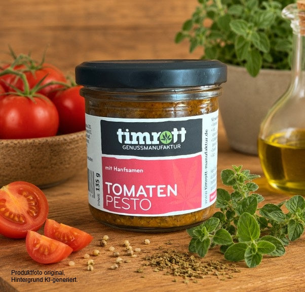 Timrott Tomaten Pesto mit Hanfsamen im 135-g-Glas – aromatisches Feinkost-Pesto mit sonnengereiften Tomaten für Pasta, Bruschetta, Pizza und mediterrane Gerichte.