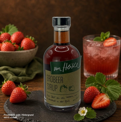Von Heike Erdbeer Sirup in einer Glasflasche auf einer Schieferplatte mit frischen Erdbeeren und Erdbeerblättern vor rustikalem Holzhintergrund – hochwertiges Produktfoto für den Onlineshop.