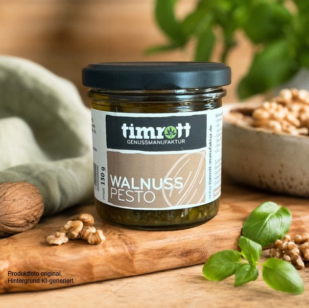 Timrott Walnuss Pesto im 130-g-Glas – feinherbes, würziges Pesto mit 30 % Walnüssen, ideal zu Pasta, Reis, Kartoffeln und Dressings.