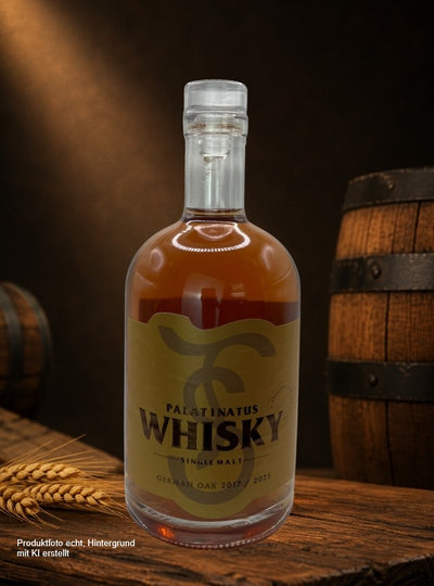 Palatinatus Single Malt Whisky – German Oak 2017–2025 in hochwertiger Glasflasche, stilvoll präsentiert auf rustikalem Holz mit Fasskulisse.
