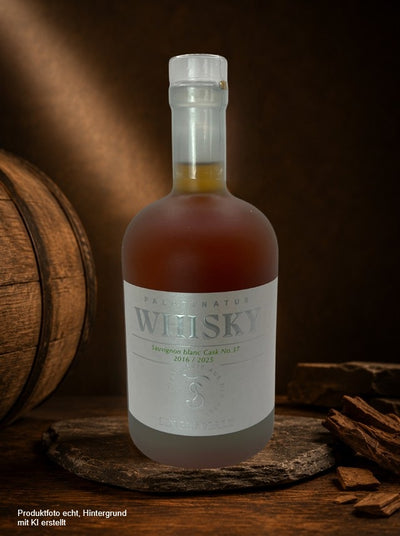 Palatinatus Single Malt Whisky – Sauvignon Blanc Cask No. 37, im First-Fill-Sauvignon-Blanc-Fass von 2016 bis 2025 gereift, stilvoll präsentiert auf Schiefer mit Fassholz und dunklem Hintergrund.