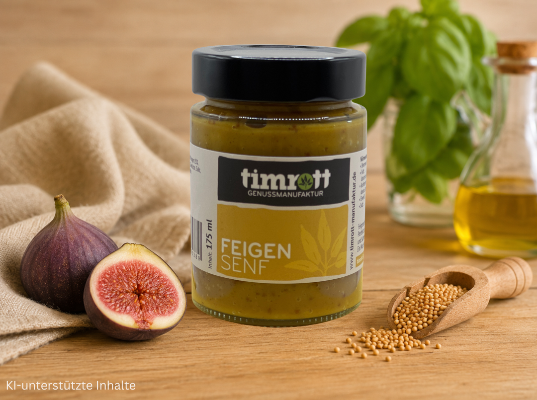 „Timrott Feigen Senf im Glas – Feigensenf mit frischen Feigen und Senfkörnern auf rustikalem Holzhintergrund“