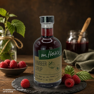 Von Heike Himbeer Sirup in einer Glasflasche auf einer Schieferplatte mit frischen Himbeeren und Himbeerblättern vor rustikalem Holzhintergrund – hochwertiges Produktfoto für den Onlineshop.
