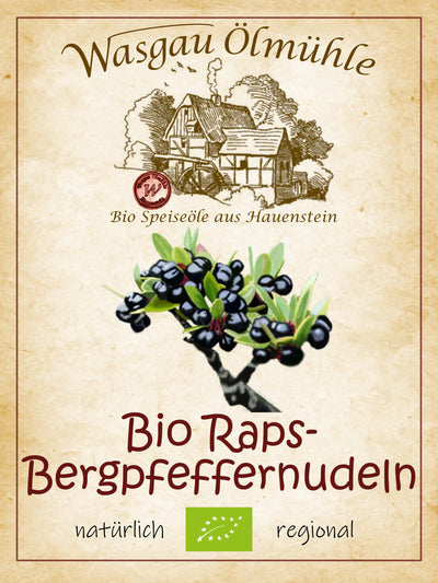 Bio Bergpfeffer-Raps Nudeln 250 g der Wasgau Ölmühle – aromatische Bio-Pasta mit teilentöltem Rapspresskuchen und Bio-Bergpfeffer für würzige Nudelgerichte und mediterrane Küche.
