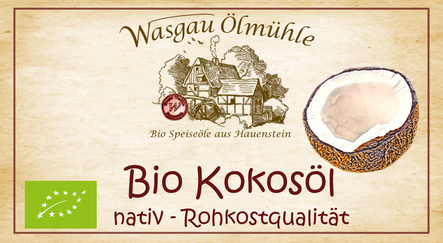 Bio Kokosöl 180 g der Wasgau Ölmühle – natives Bio-Kokosöl mit feinem Kokosaroma zum Braten, Backen, Kochen und für exotische Gerichte.