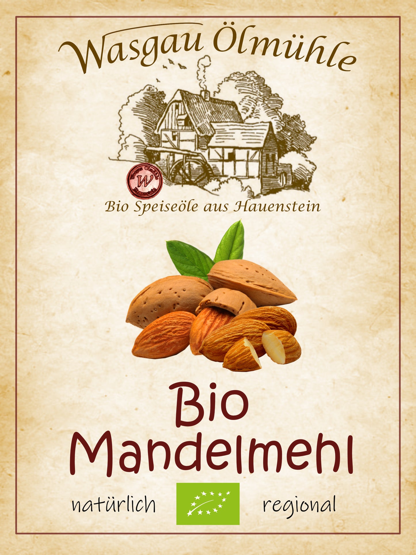 Bio Mandelmehl 400 g der Wasgau Ölmühle – teilentöltes Bio-Mandelmehl mit fein nussigem Geschmack, reich an Protein und ideal zum Backen, für Low-Carb-Rezepte, Müsli und Smoothies.